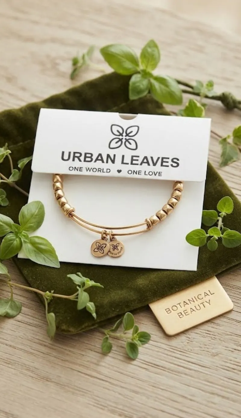 A gold-tone bangle on its Urban Leaves card, laid on green velvet among basil leaves