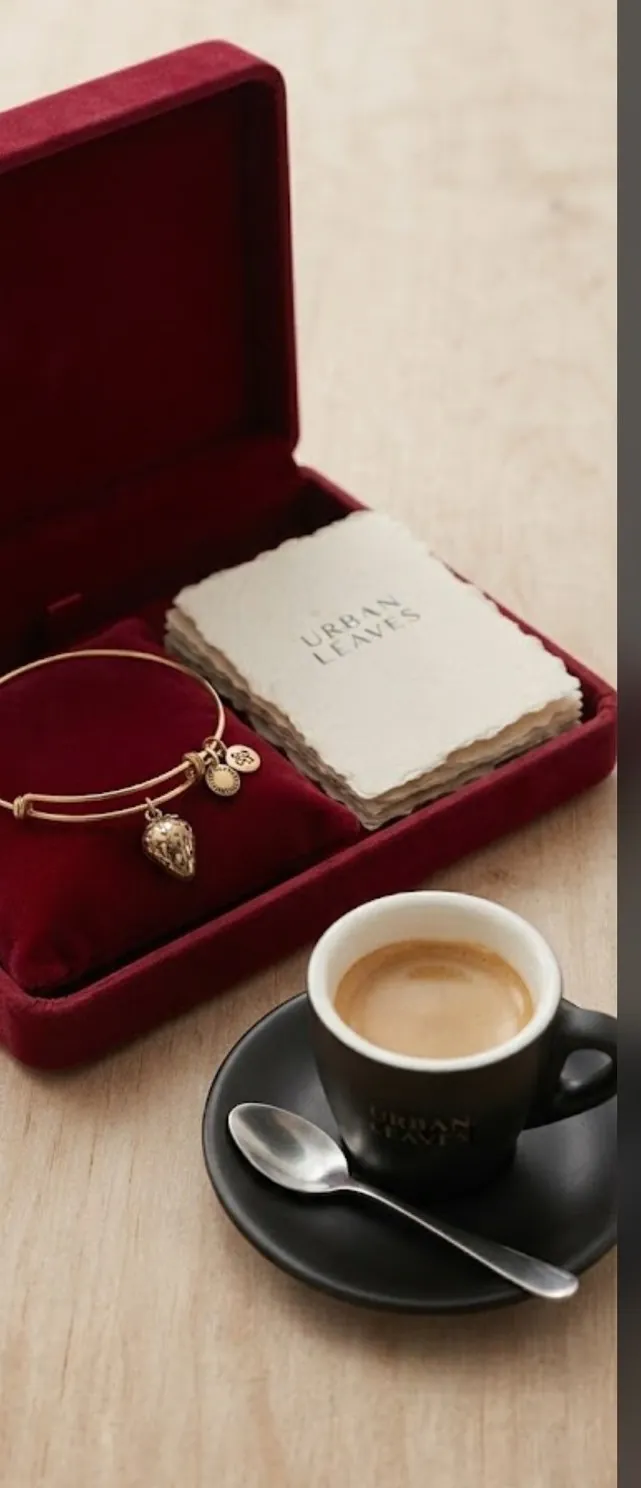 A gold-tone bangle in a red velvet presentation box, beside an espresso