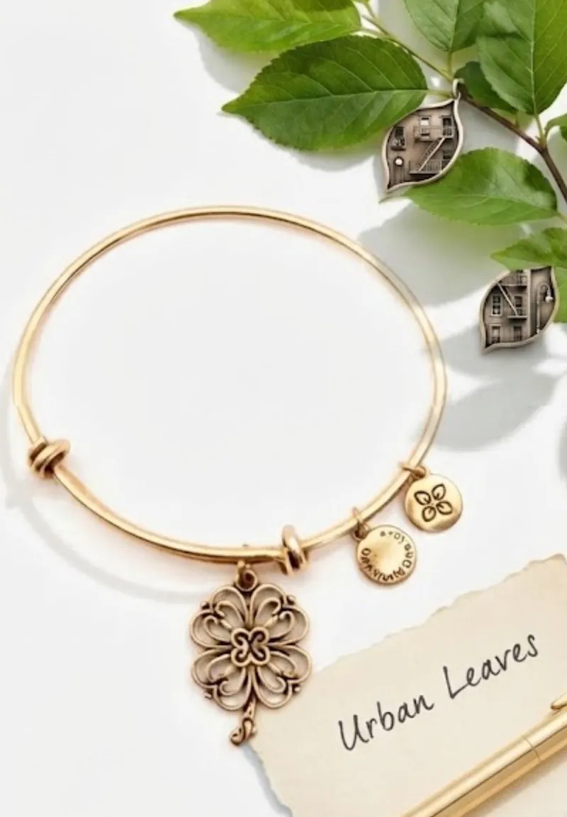 A gold-tone floral bangle beside fresh leaves and a handwritten Urban Leaves card