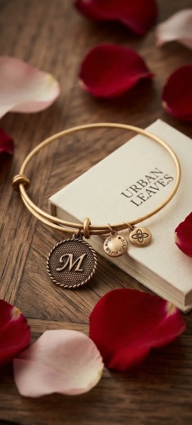 The Initial M bangle in gold tone on dark wood, among red and pink rose petals beside the Urban Leaves box