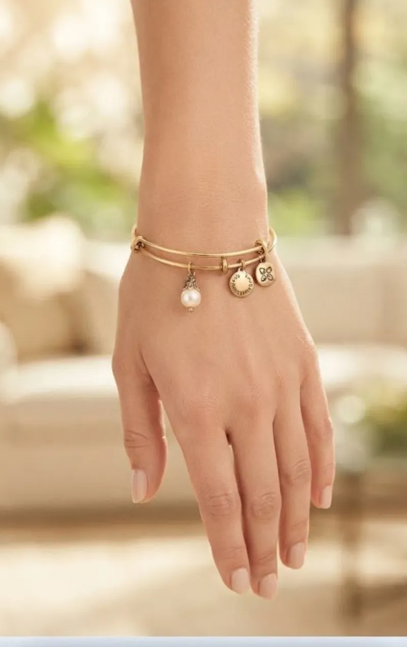 A gold-tone bangle worn on the wrist, in front of a window